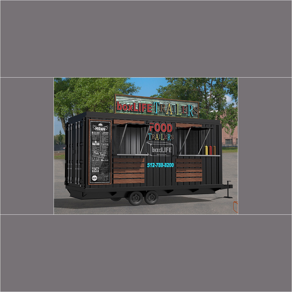 A food trailer with a chalkboard sign and menu.