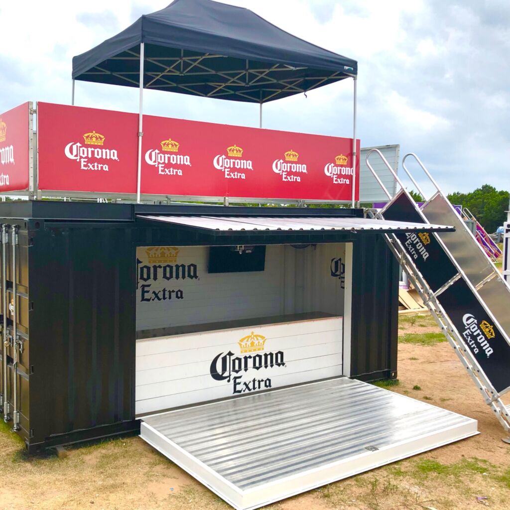 A container with a canopy and stairs to the top.