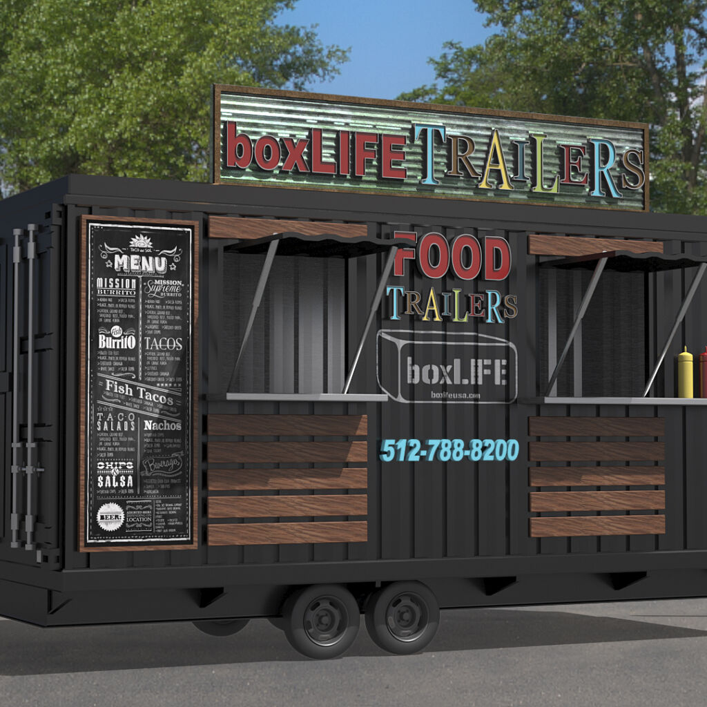 A food truck with a sign on the side of it.